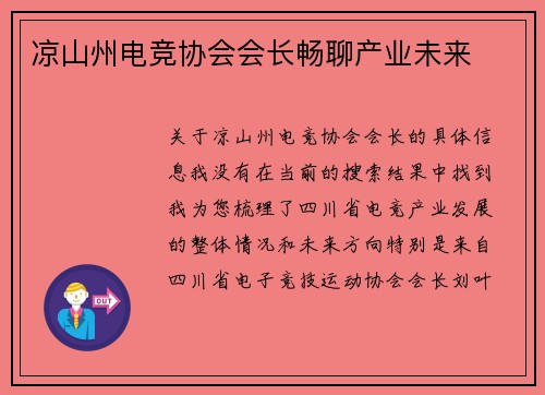 凉山州电竞协会会长畅聊产业未来